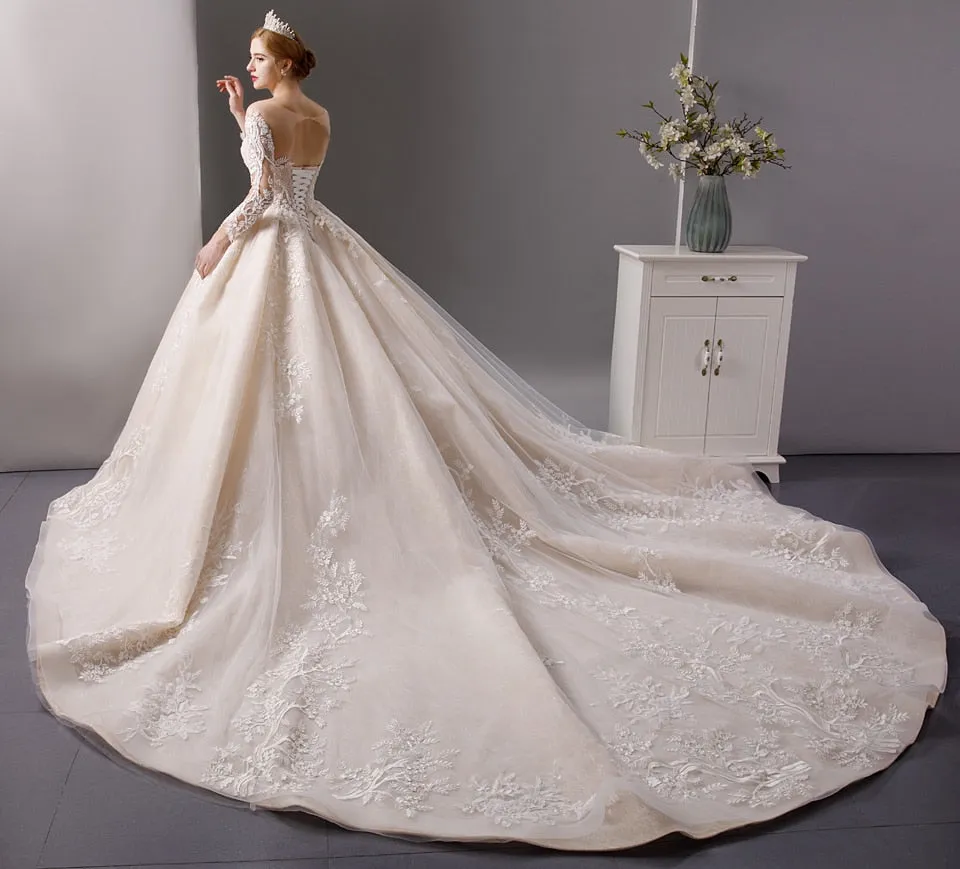 Luxury shinny lace ball gown wedding dress with long sleeves