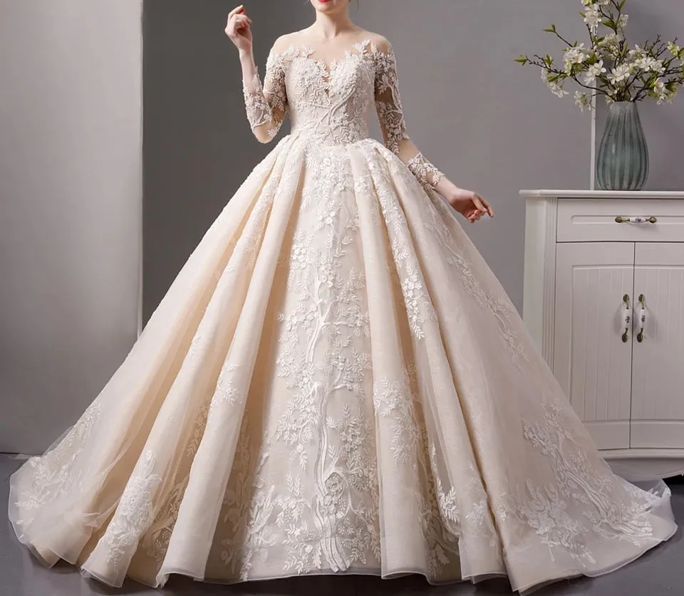 Luxury shinny lace ball gown wedding dress with long sleeves