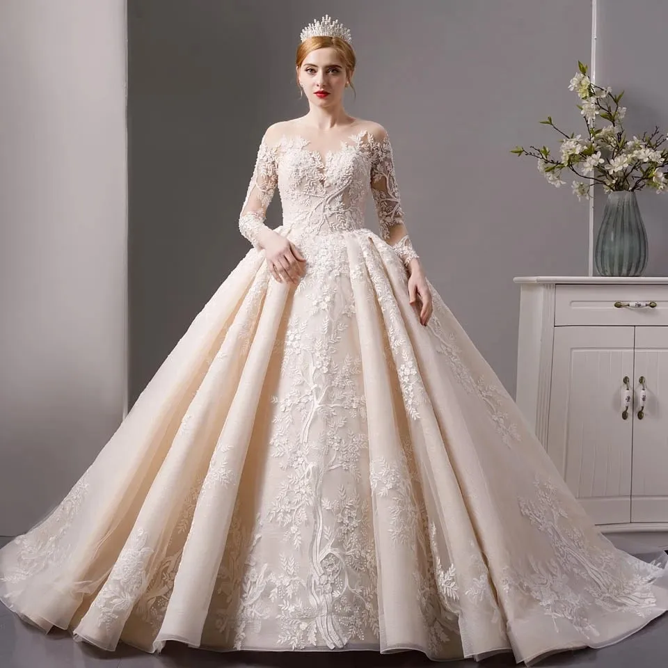 Luxury shinny lace ball gown wedding dress with long sleeves