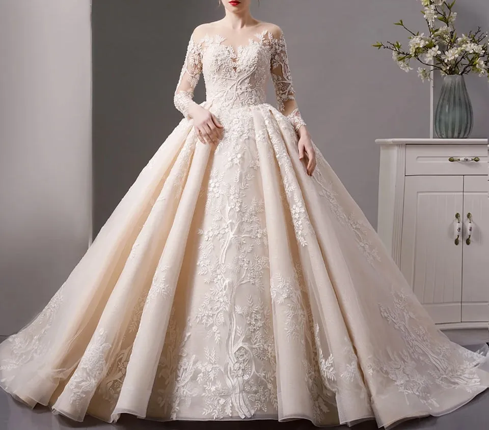 Luxury shinny lace ball gown wedding dress with long sleeves