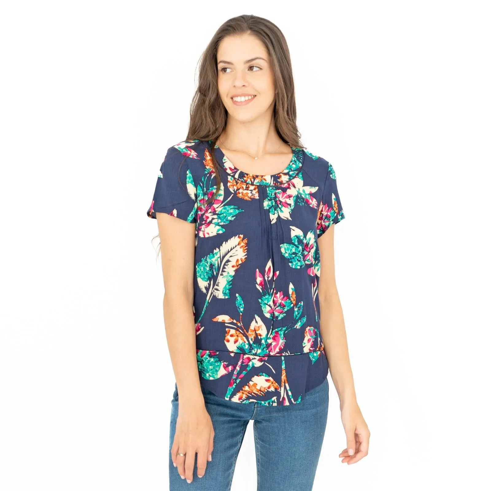 M&S Per Una Navy Floral Short Sleeve Summer Tops