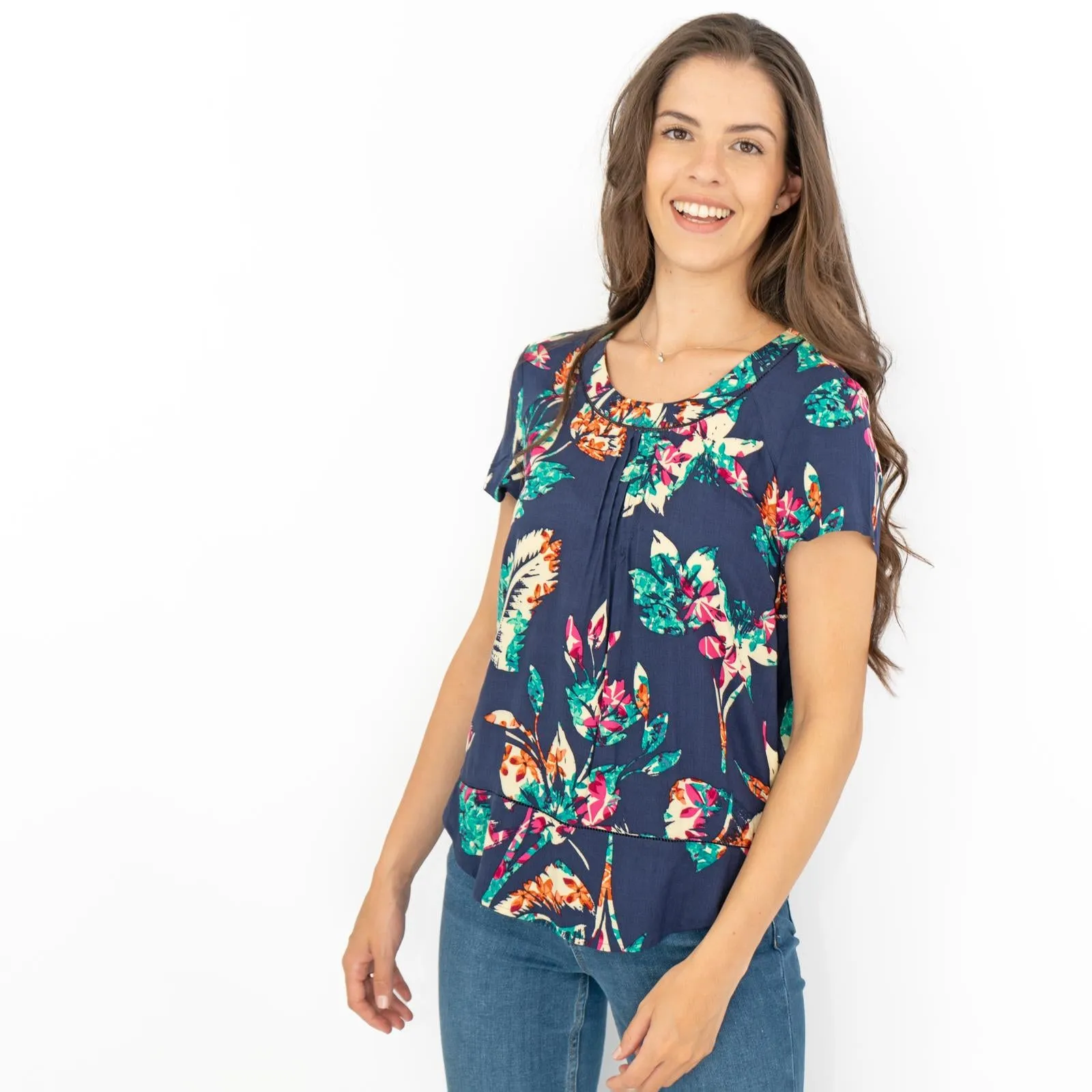 M&S Per Una Navy Floral Short Sleeve Summer Tops