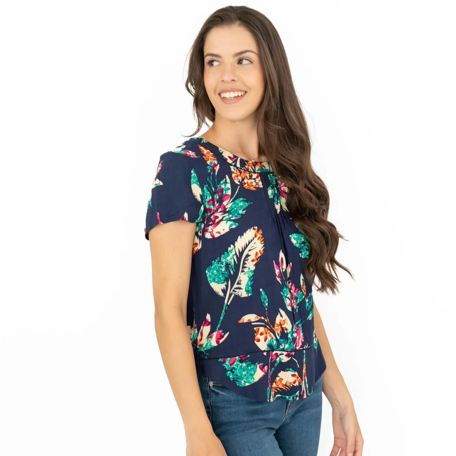 M&S Per Una Navy Floral Short Sleeve Summer Tops