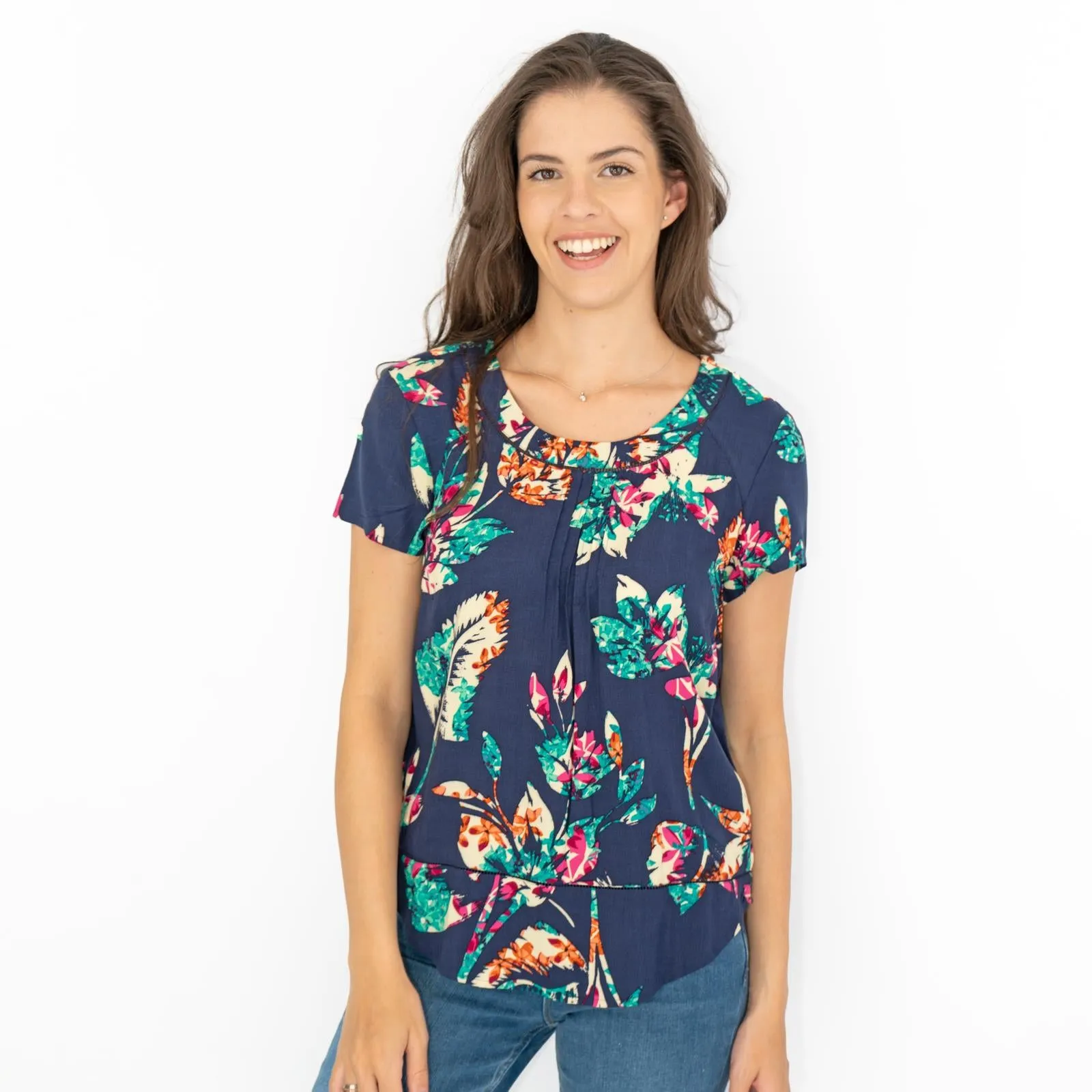 M&S Per Una Navy Floral Short Sleeve Summer Tops