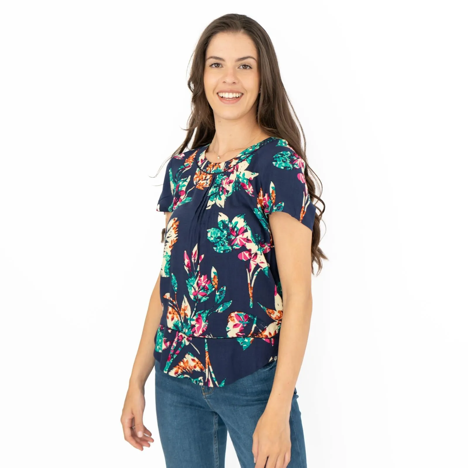 M&S Per Una Navy Floral Short Sleeve Summer Tops