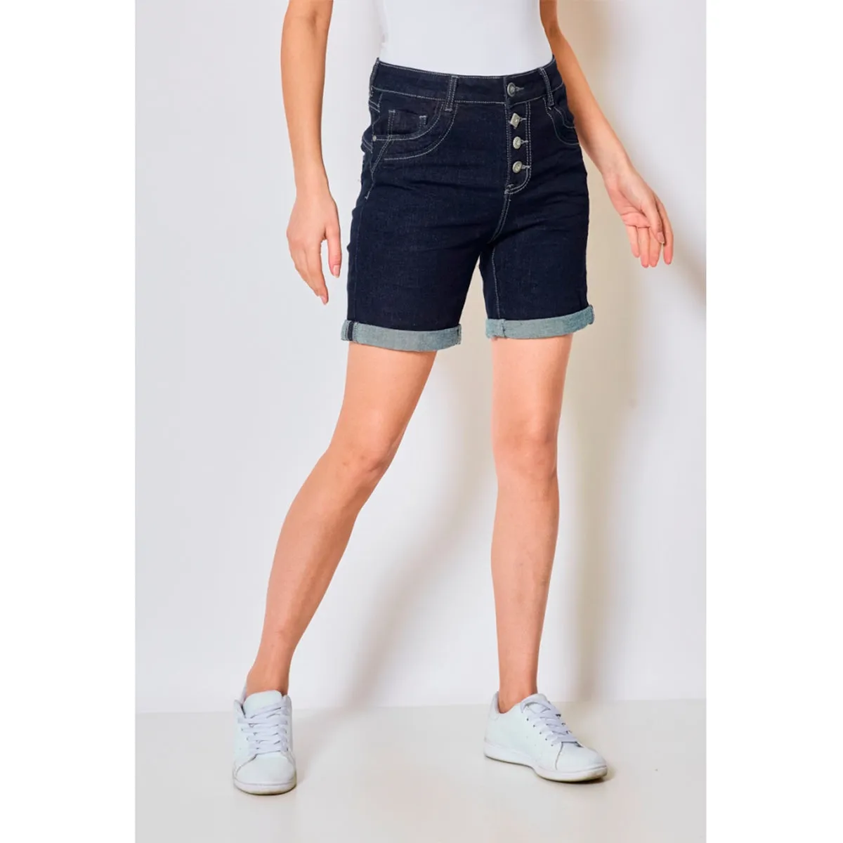 Marta du cháteau S22113 Denim shorts med knapper og opsmøg mørkeblå