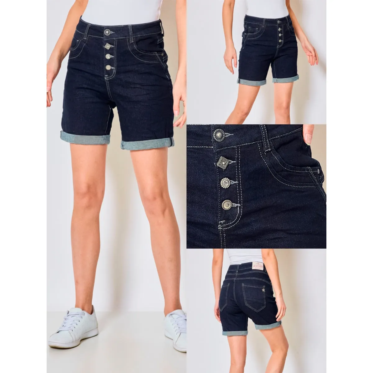 Marta du cháteau S22113 Denim shorts med knapper og opsmøg mørkeblå