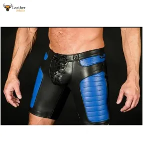 Mens Black Real Leather Foot Ball Rugby 3D Shorts with Blue Contrast Sports Shorts