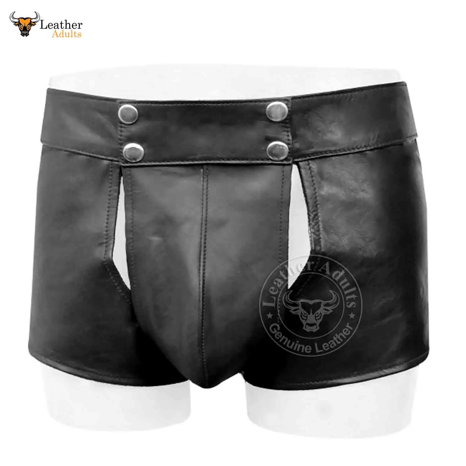 Mens Real Black Leather Short With Detachable Front Pouch Codpiece Front opening Gay Shorts