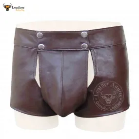 Mens Real Brown Leather Short With Detachable Front Pouch Codpiece Front opening Gay Shorts