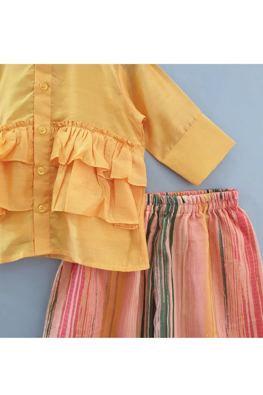 Mustard Yellow Ruffle Shirt With Multicolor Printed Palazzo Set