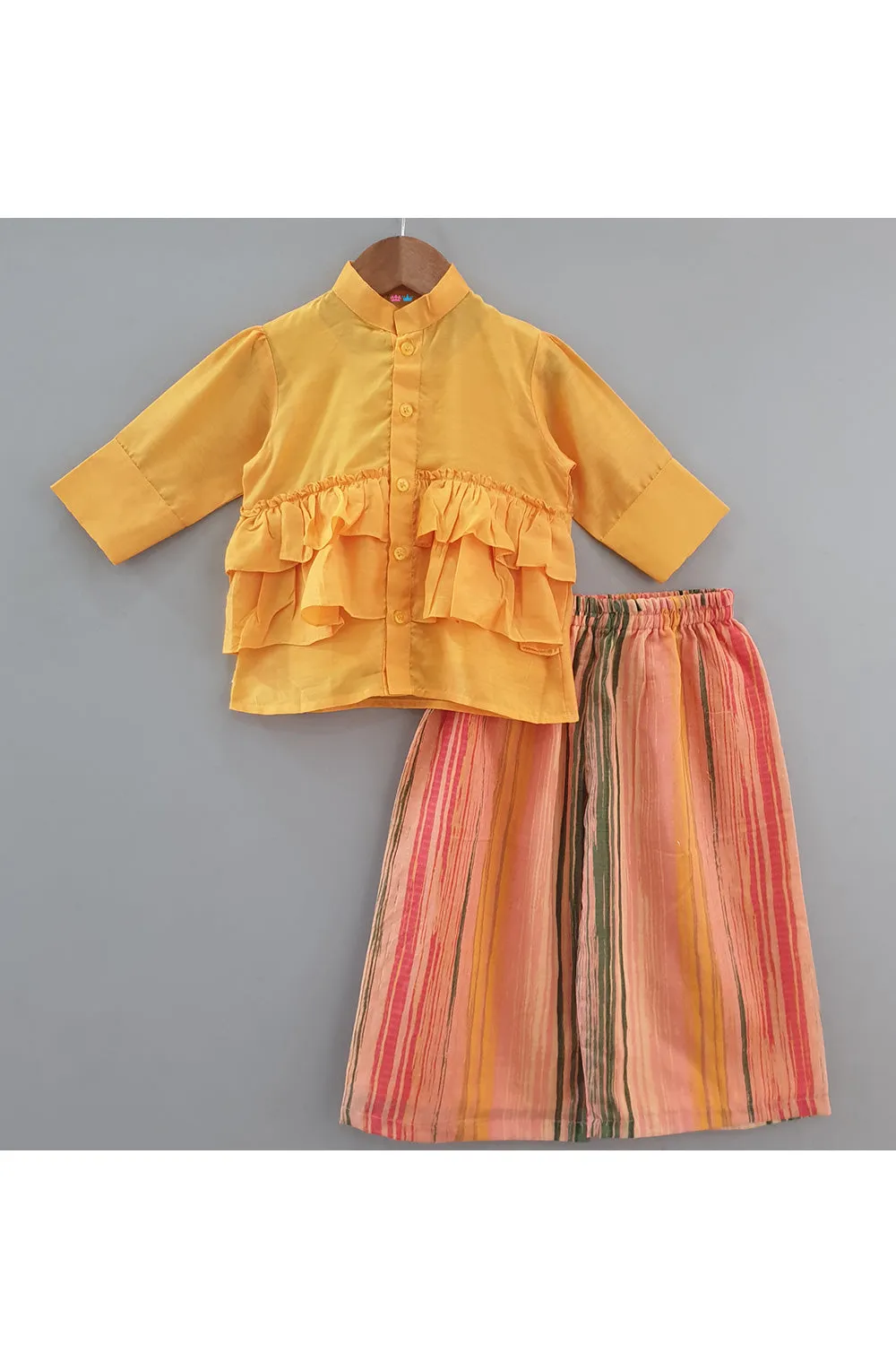 Mustard Yellow Ruffle Shirt With Multicolor Printed Palazzo Set