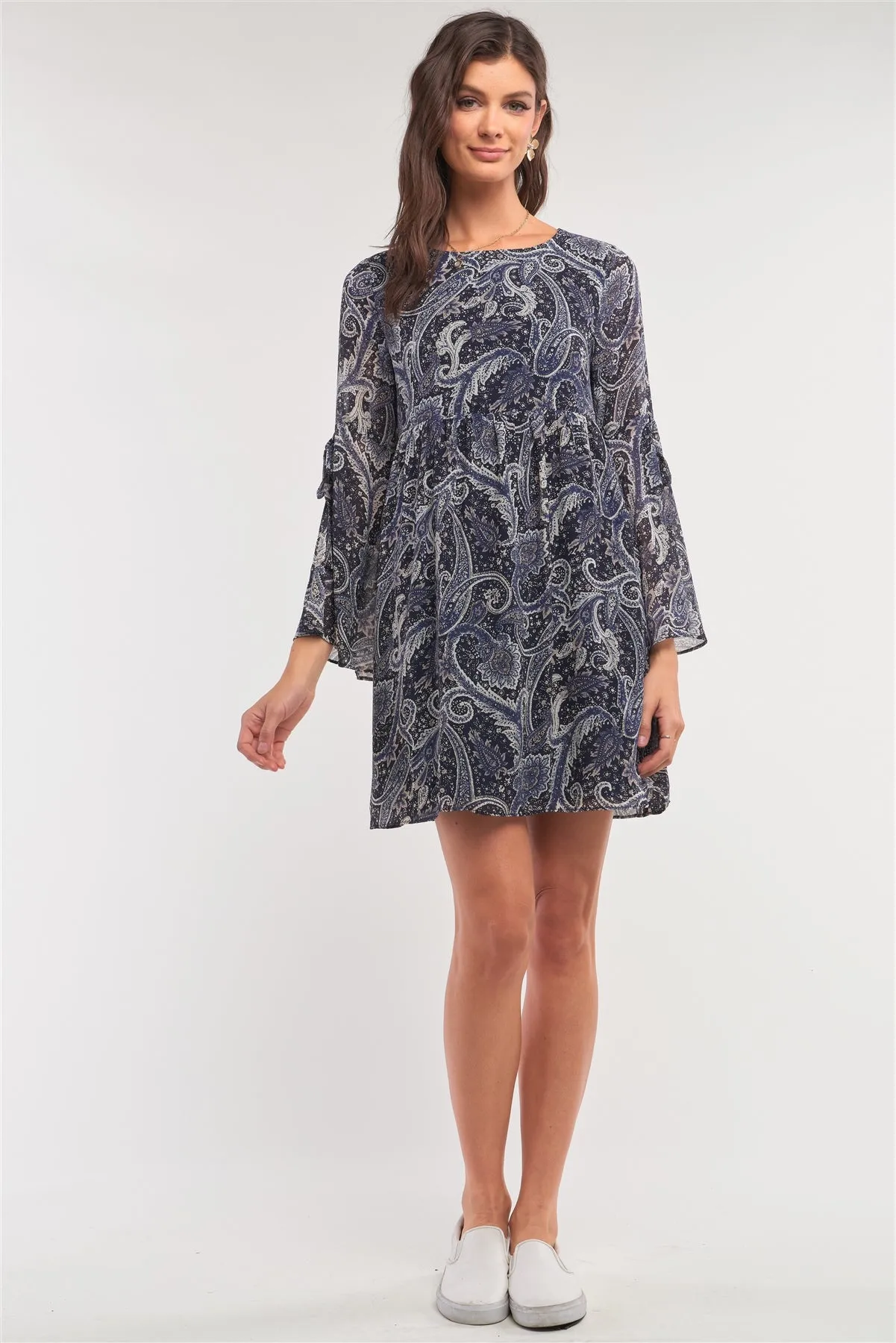 Navy Multicolor Paisley Print Loose Fit Trumpet Sleeve Self-tie Detail Mini Dress