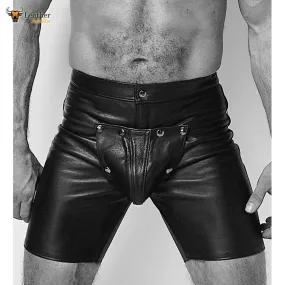 New Black Real Leather jean style mid thigh shorts Codpiece Front opening Gay Shorts