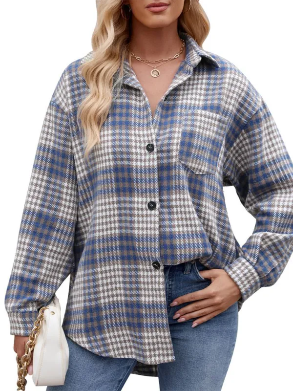 New Casual Fashion Houndstooth Button Flannel Tweed Shirt