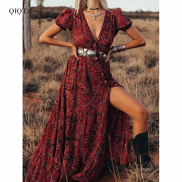 New Style Fashion Long Dresses Women Elegant Vintage Dresses Lady Boho Dress