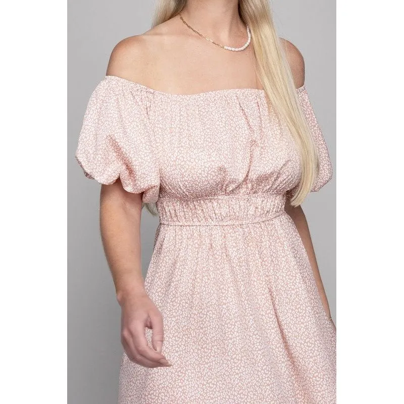 NUVI APPAREL Mini Pink Elegant Off-the-Shoulder Print Dress