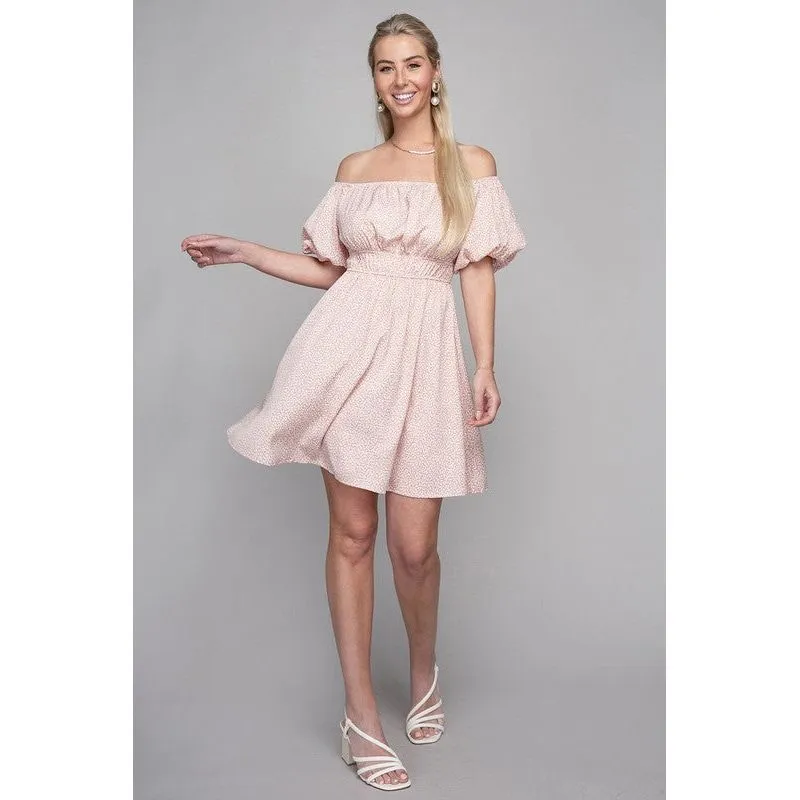 NUVI APPAREL Mini Pink Elegant Off-the-Shoulder Print Dress