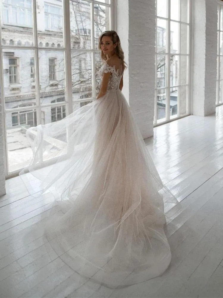 Pearl Beaded Lace Applique Tulle Bohemian A-line Wedding Dresses