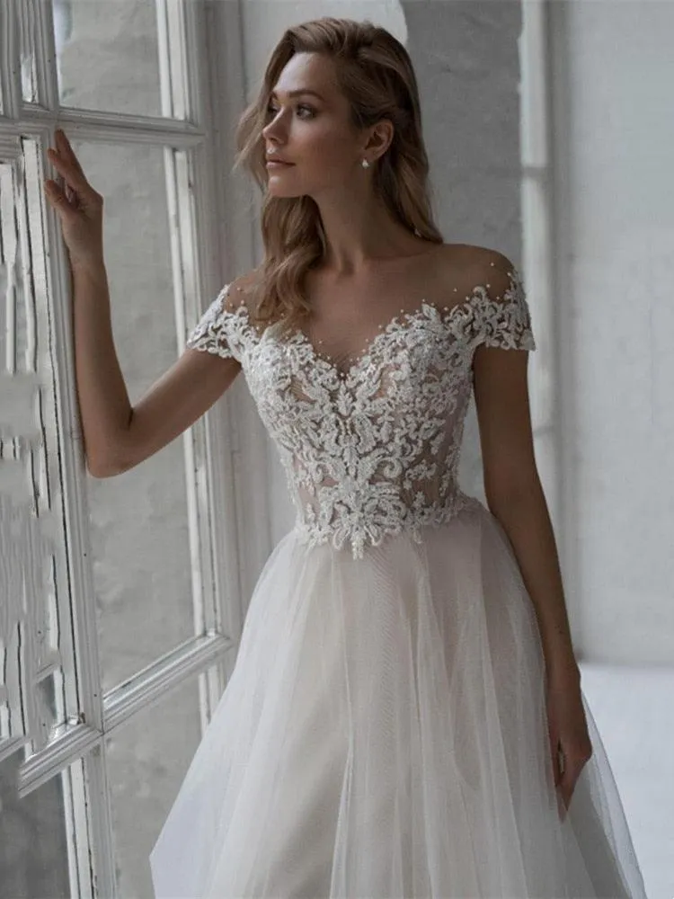 Pearl Beaded Lace Applique Tulle Bohemian A-line Wedding Dresses