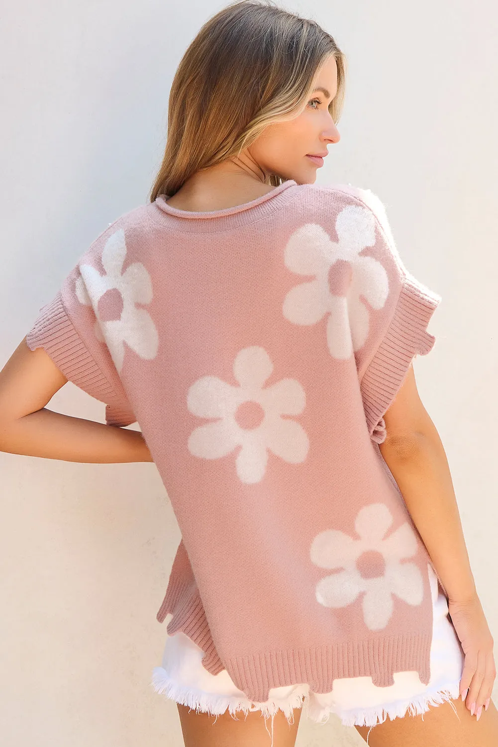 Pearled Flower Distressed Edge Sweater