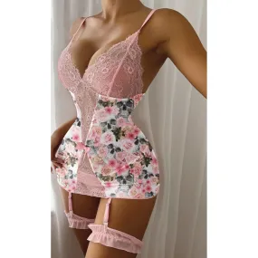 Pink Skull Floral Lace Bodycon Slips With Thong & Leg Ring, Sexy 2 Piece Set For Women