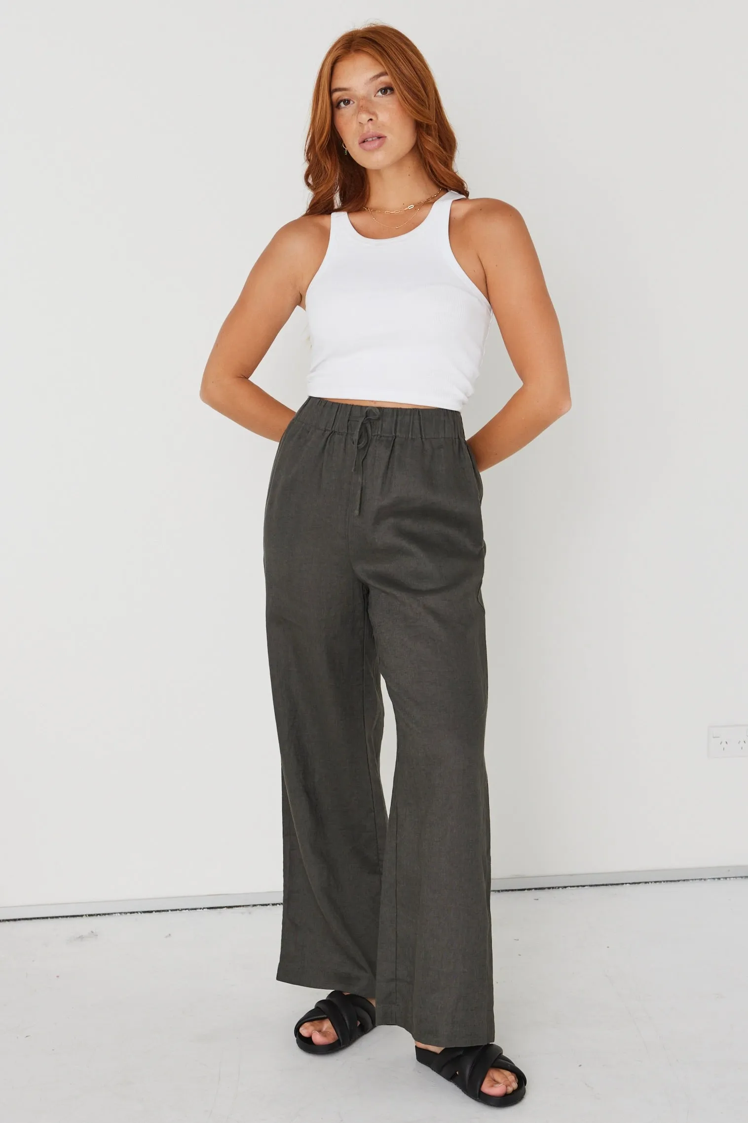 Resort Dark Olive Linen Wide Leg Elastic Waist Pant