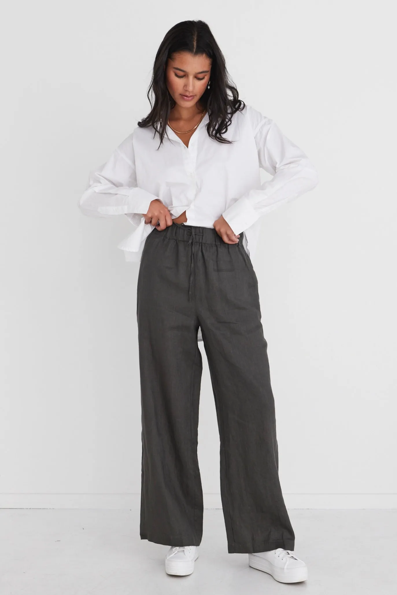 Resort Dark Olive Linen Wide Leg Elastic Waist Pant