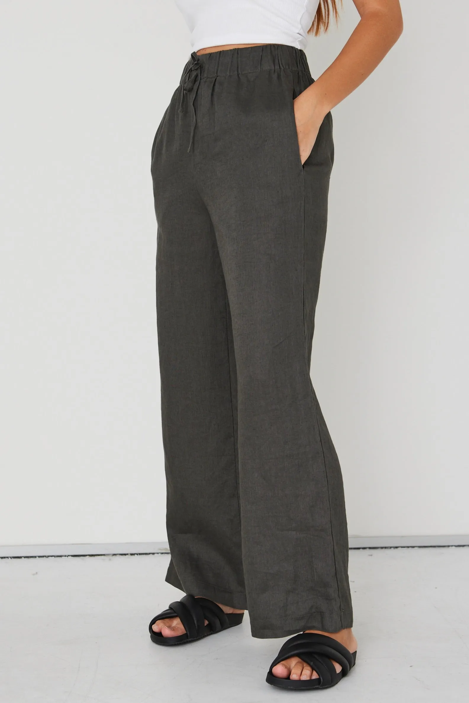 Resort Dark Olive Linen Wide Leg Elastic Waist Pant