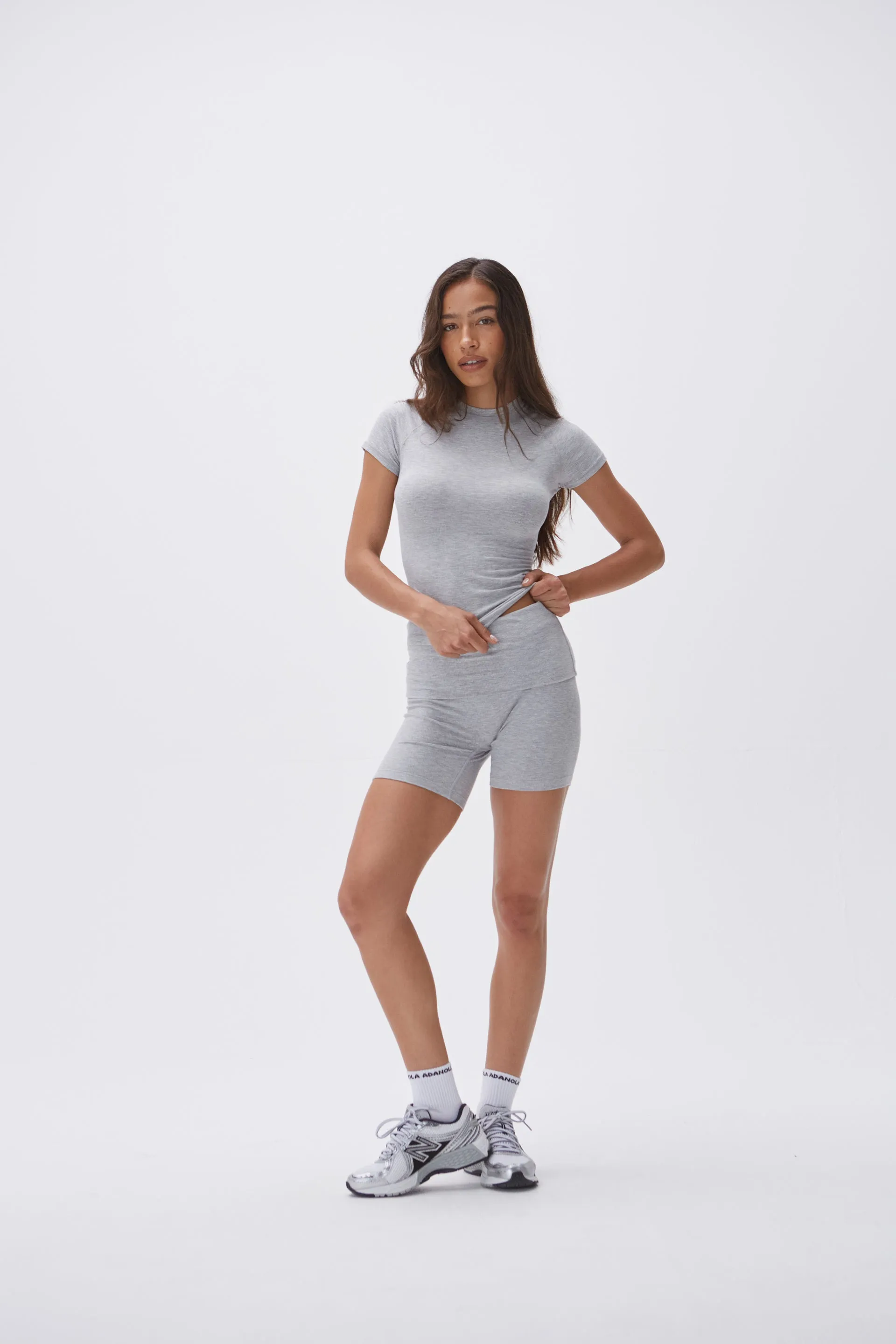 Rib Fold Over Crop Shorts - Grey Melange