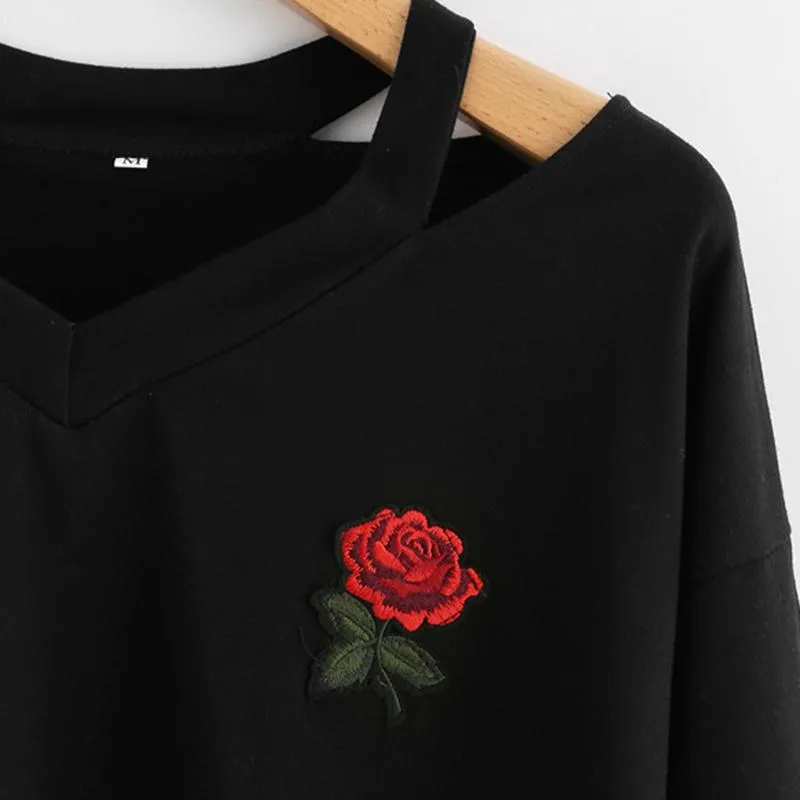 Rose Patch Long Sleeve Embroidery Casual Tops