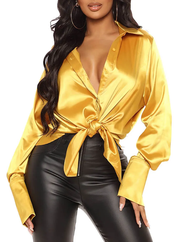 Satin Long Sleeve Asymmetrical Hem Blouses Tops