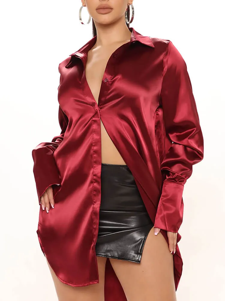 Satin Long Sleeve Asymmetrical Hem Blouses Tops