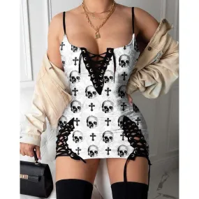 Skull Pattern Gothic Eyelet Lace-up Letter Dress