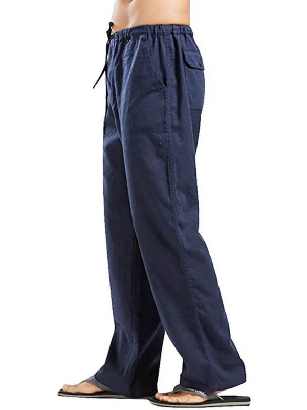 Stay Comfortable and Stylish with Men's Solid Color Linen Blend Drawstring Pants