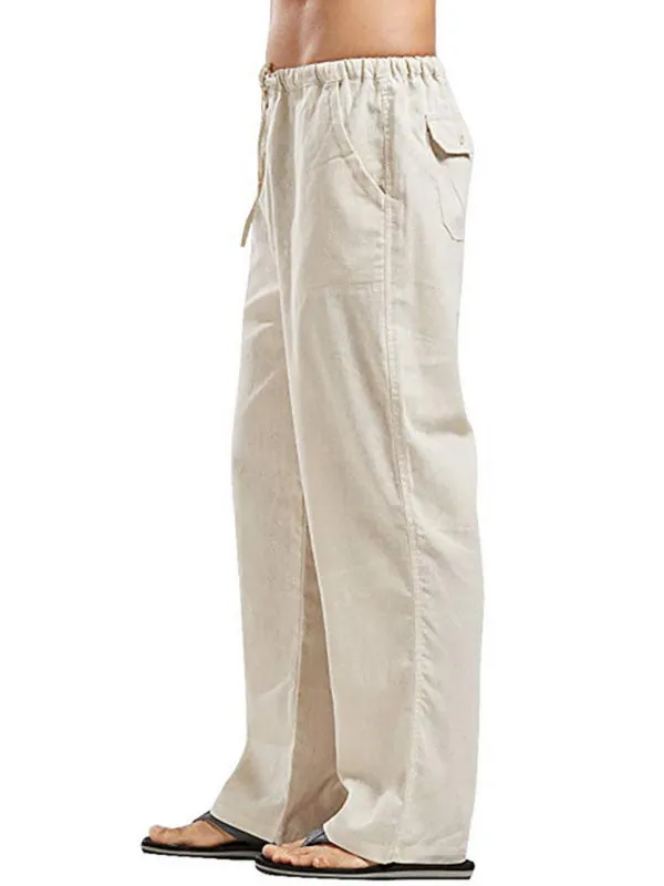 Stay Comfortable and Stylish with Men's Solid Color Linen Blend Drawstring Pants