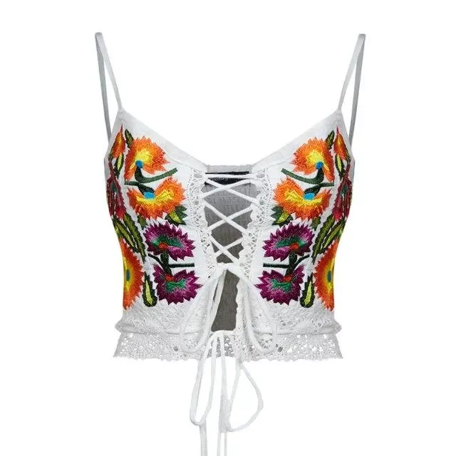 Summer Floral Embroidery Backless Bandage Beach Tops