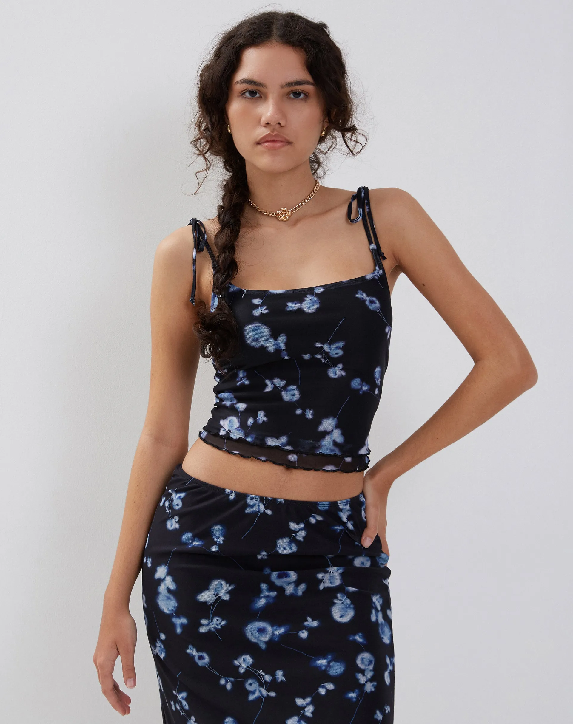 Tamari Tie Detail Mesh Vest Top in Diffused Floral Navy