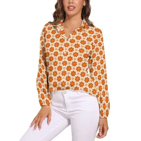 Vintage Style Tops, Retro Shirt Women, Orange Floral Top, 70s inspired Top, 70s Style Top, hippie Floral Top, Floral Blouse, Semi Sheer Top