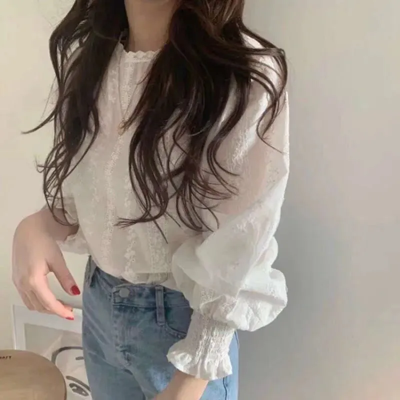 White Elegant Sweet PuffCasual Tops Blouse