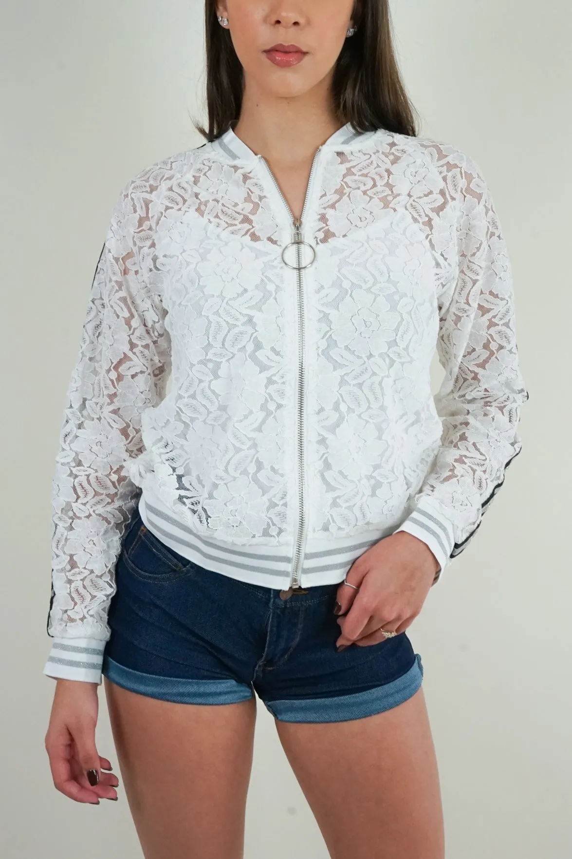 White Lace Bomber Jacket