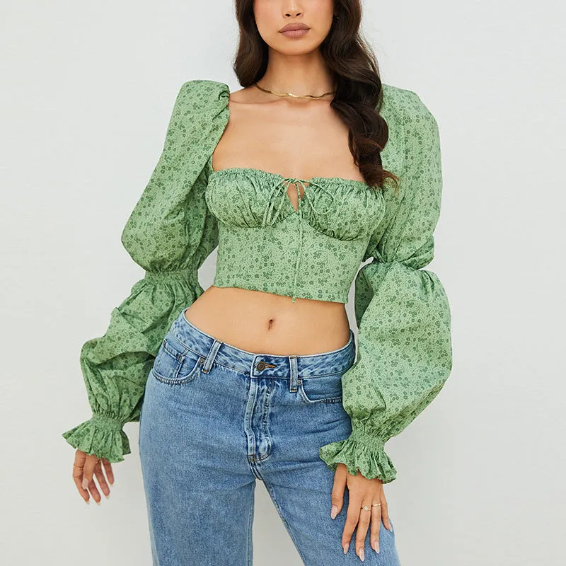 Wholesale Womens Fashion Floral Flared Long Sleeves Crop Top