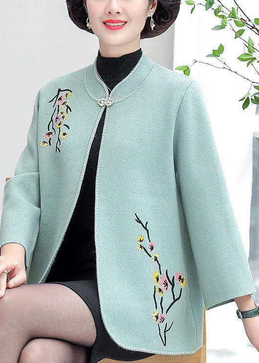 Women Light Blue Stand Collar Embroideried Woolen Cardigans Long Sleeve