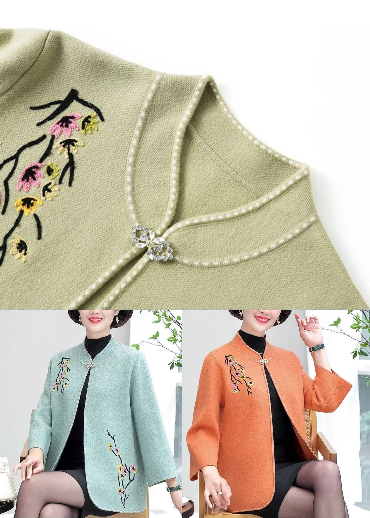 Women Light Blue Stand Collar Embroideried Woolen Cardigans Long Sleeve