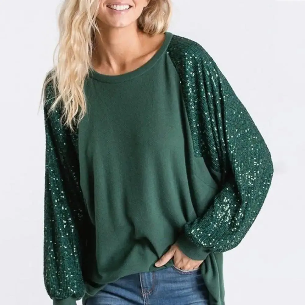 Women Spring Tops O-neck Sequin Patchwork Raglan Long Sleeve Blouse