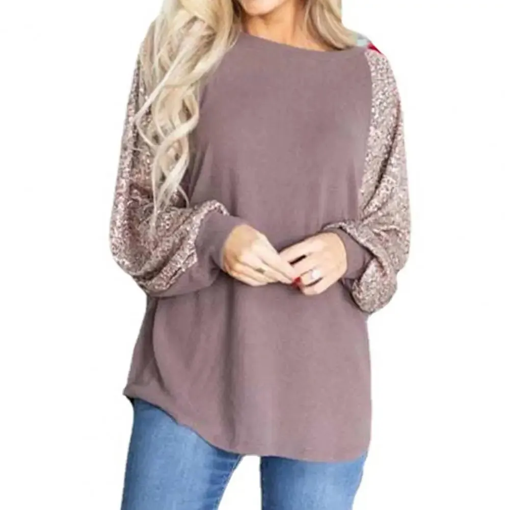 Women Spring Tops O-neck Sequin Patchwork Raglan Long Sleeve Blouse