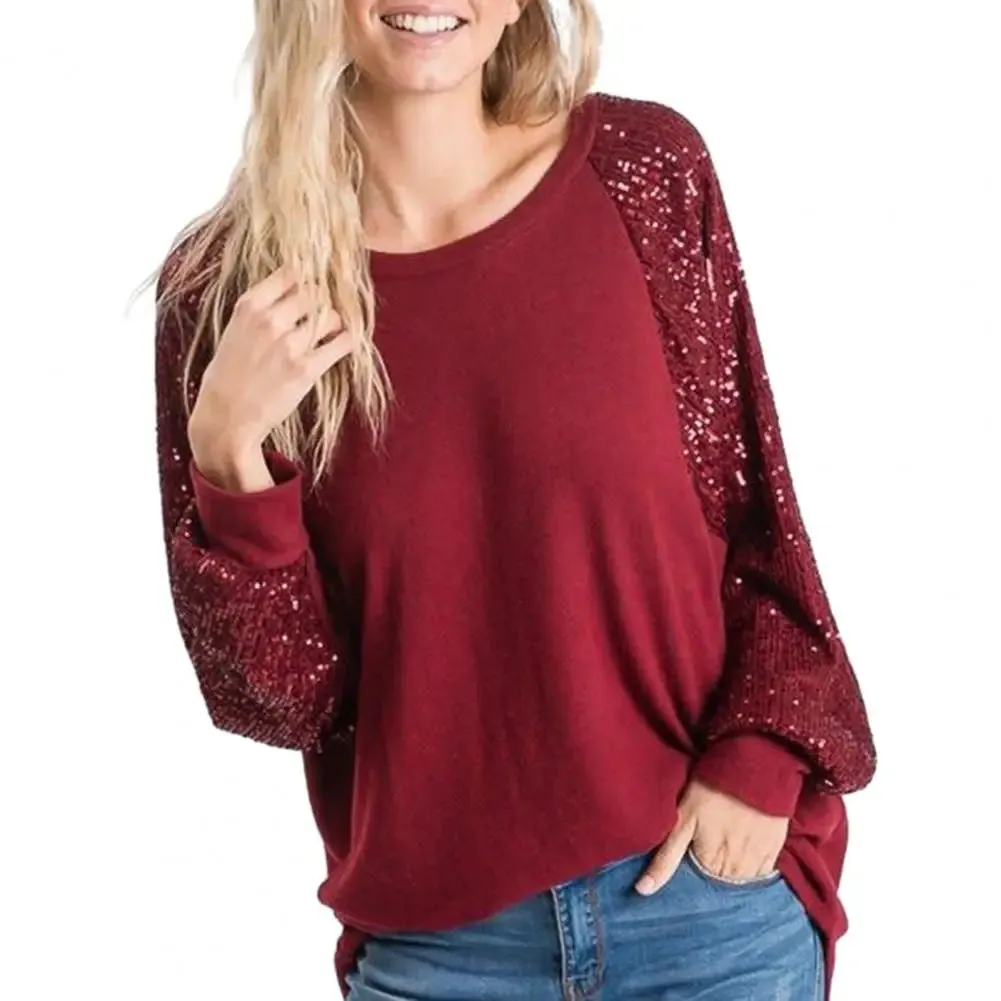 Women Spring Tops O-neck Sequin Patchwork Raglan Long Sleeve Blouse