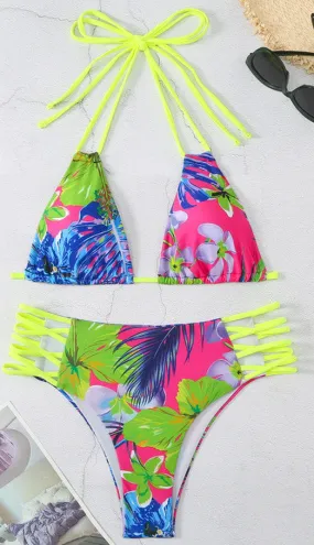 Women's Crossover Bikini Sets Floral Tropical Radium Green