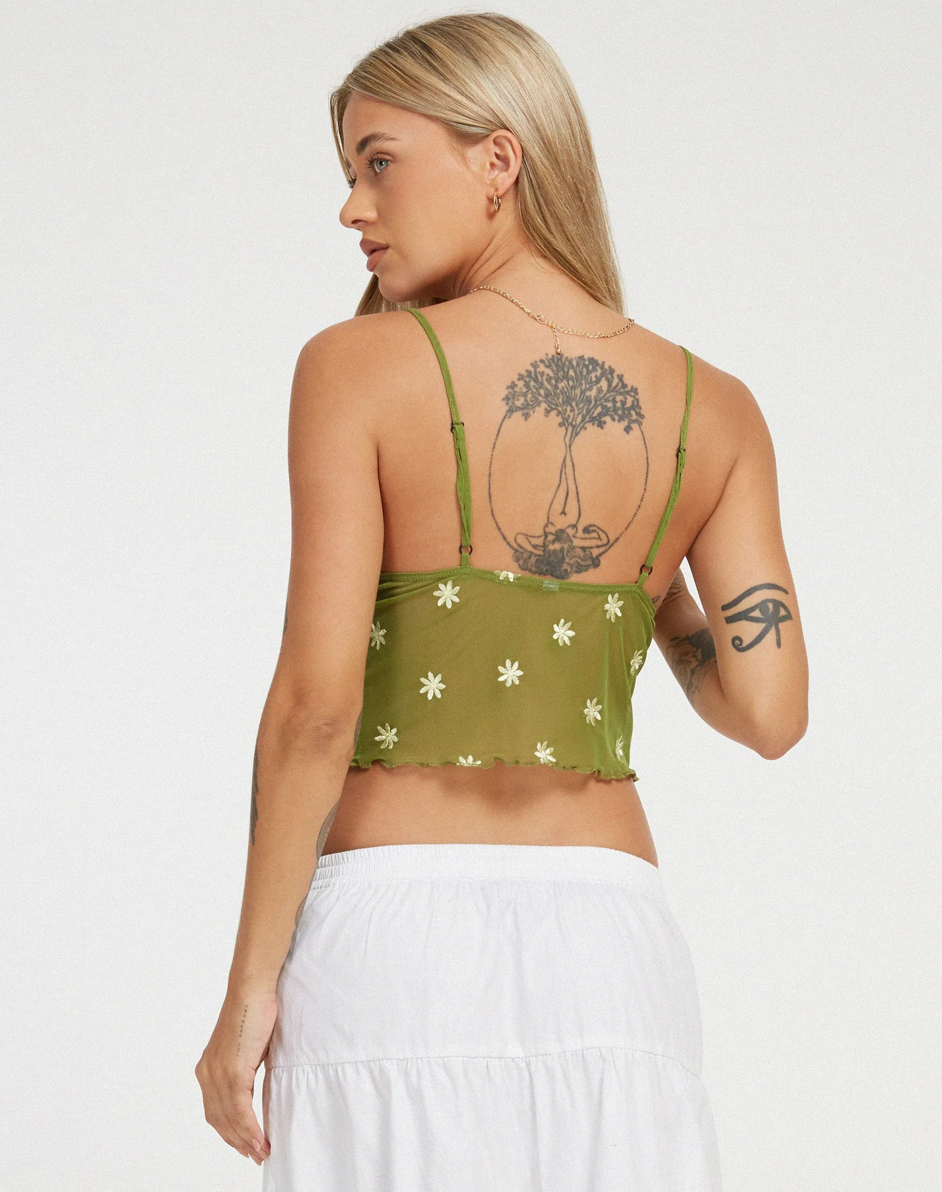 Yenika Cami Top in Moss Green Custard Daisy Embro