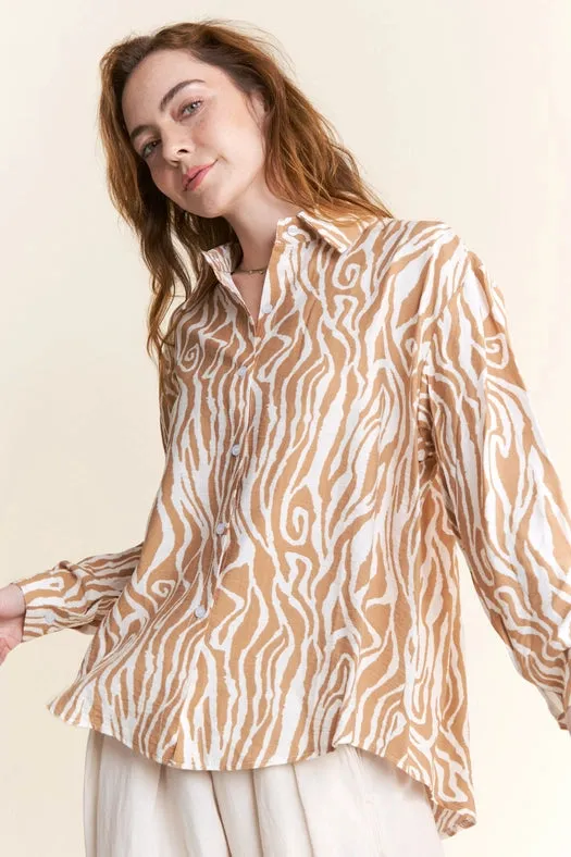 Zebra Design Print Casual Button Down Blouse